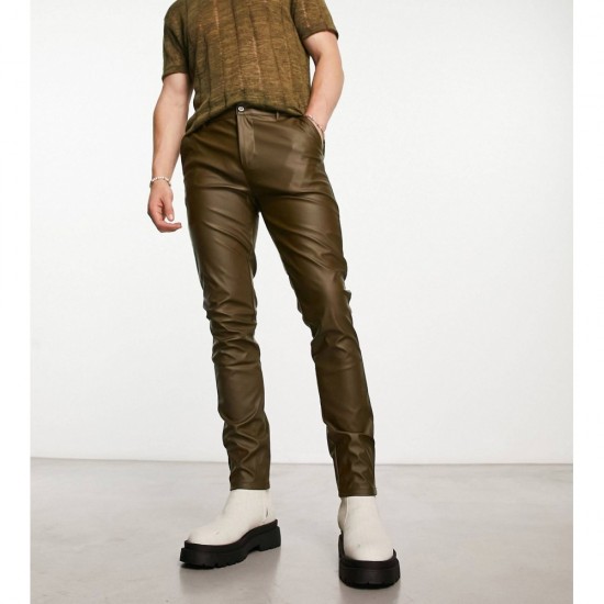 leather look skinny trousers in khaki