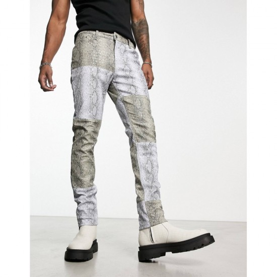 Skinny jeans in gray snake print croc leather look with contrast panels