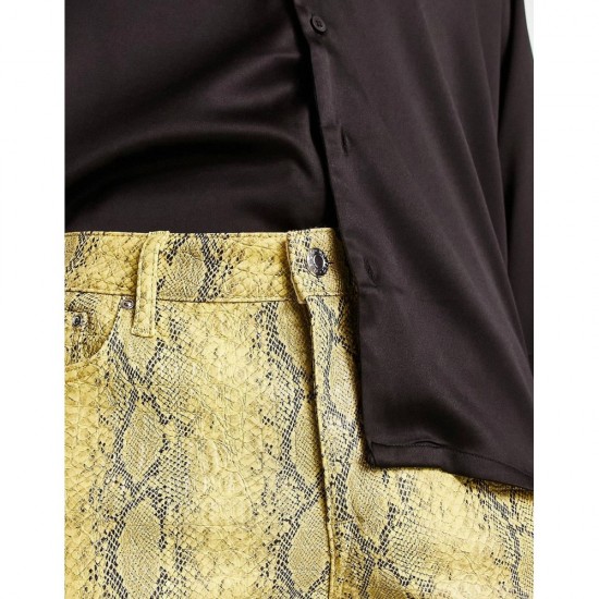 Skinny leather-look pants in yellow snake print with zip detail