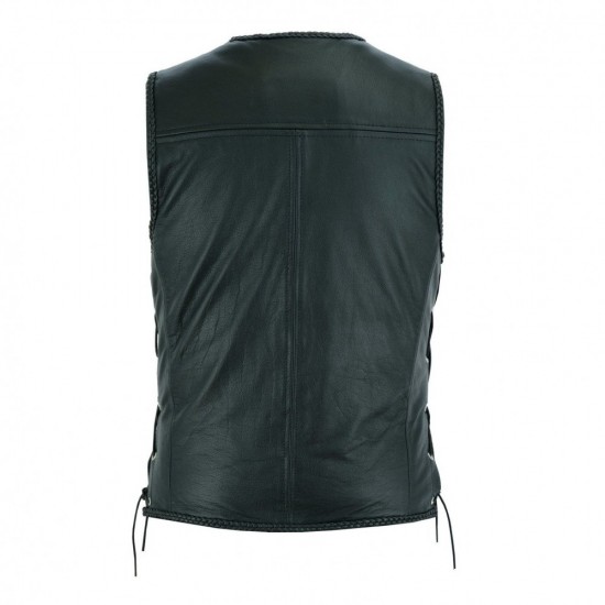 Plain Mens Leather Waistcoat Motorcycle Biker Vest Black with Hooks