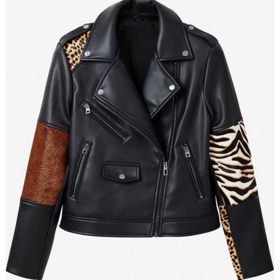 Womens black printed pure leather jacket