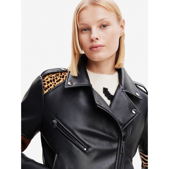 Womens black printed pure leather jacket