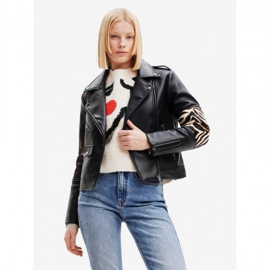 Womens black printed pure leather jacket